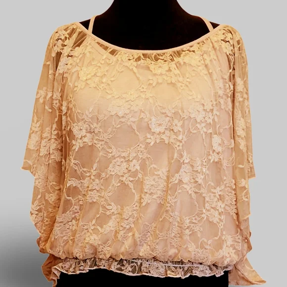 True Vintage 80s Lace Floral Sheer Bubble Blouse 3/4 Flared Sleeve What a Find! - Picture 9 of 10